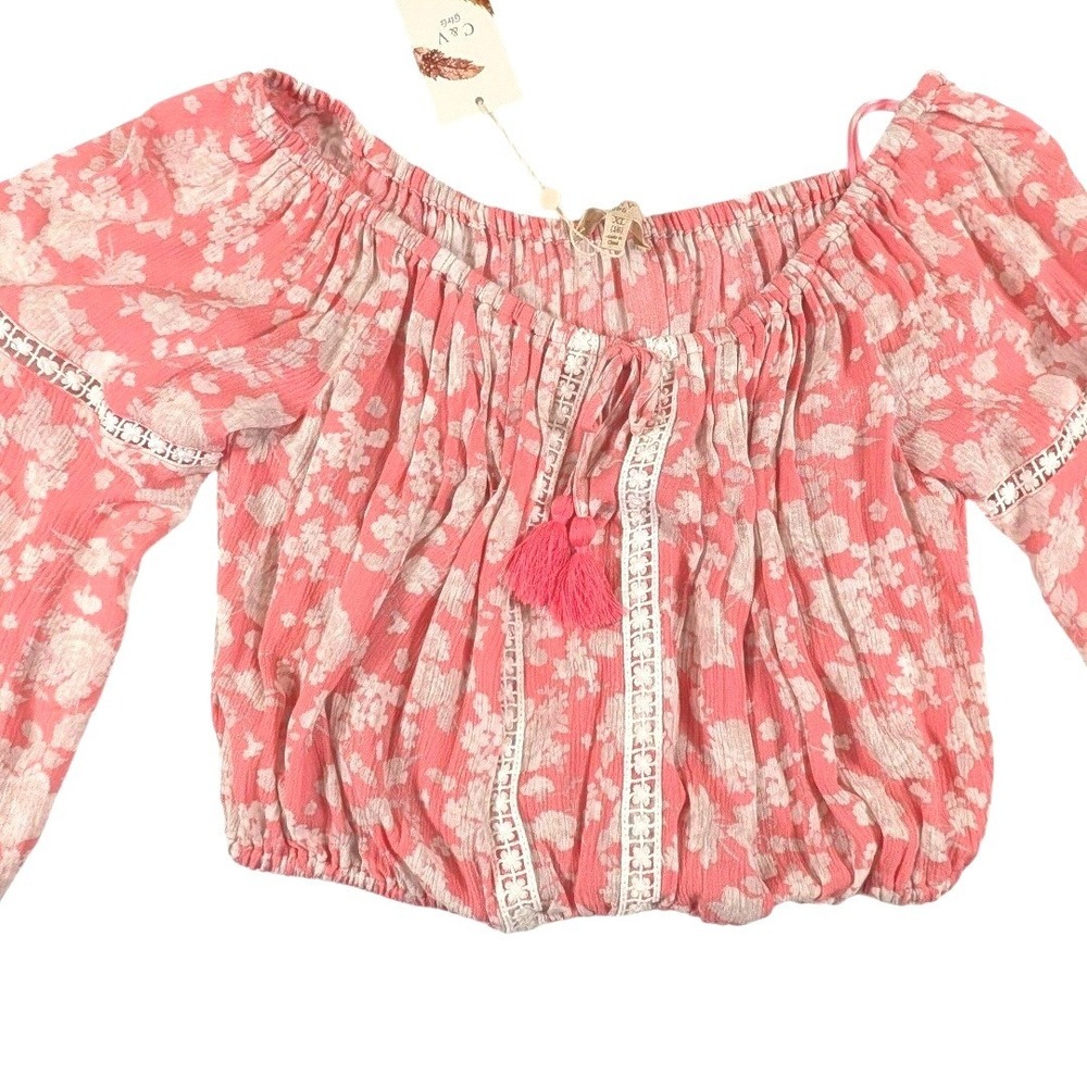 C & V Girls Floral Smocked Peasant Tops Lot of 3 Pink Blue Cream Boho Size XL - Picture 3 of 16